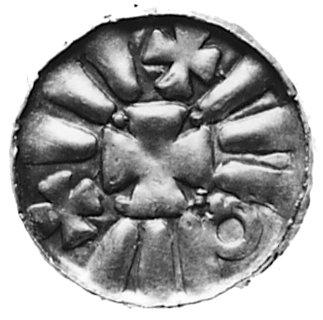denar jednostronny, w środku mały krzyż, promieniste kreski, 2 krzyżyki i litera O, CNP 368, rewers ze śladamistempla innej monety