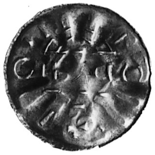 denar jednostronny, w środku mały krzyż, promieniste kreski, 2 krzyżyki i litera O, CNP 368, rewers ze śladamistempla innej monety
