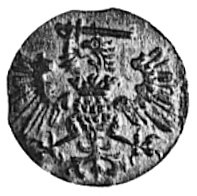 denar 1573, Gdańsk, Aw: Orzeł Prus Królewskich, Rw: Herb Gdańska, Gum.656, Kurp. 1001 R2, wyśmienity stanzachowania