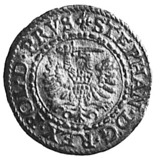 szeląg 1579, Gdańsk, Aw: Orzeł Prus Królewskich i napis, Rw: Herb Gdańska i napis, Gum.788, Kurp.373 R