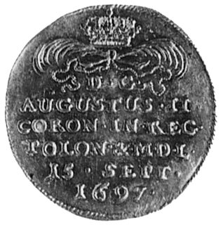 dukat koronacyjny 1697, Drezno, Aw: Ręka z szablą i napis, Rw: Korona i napis, Fr.2830(2526), Merseb. 1400, lekkogięty