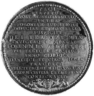 medal sygnowany h (Jan Höhn jun.) wybity w 1660 roku z okazji zawarcia Pokoju Oliwskiego, Aw: Na tle panoramyGdańska łan zboża, wokół napis: POST BELLUM.., Rw: Napis w 17 wierszach, niżej herb Gdańska, Racz.144,H-Cz.2148 R3, srebro 79.5 mm, 115.78 g., medal ten jest uważany za jedno z najdoskonalszych dzieł Höhna, stangabinetowy, piękna stara patyna