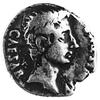 denar, Aw: Głowa Augusta w prawo i napis: CAESAR..., Rw: Tarcza z literami CLV, po bokach sztandar..