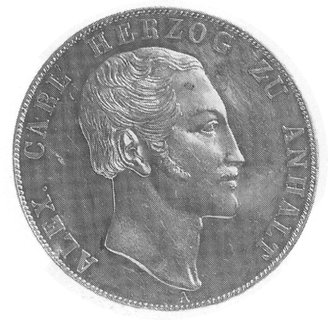 podwójny talar 1855, Berlin, Aw: Głowa, w otoku napis, Rw: Tarcza herbowa, w otoku napis, Thun 4