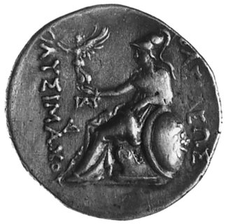 KRÓLESTWO MACEDONII- Lizymach 297-281 p.n.e., tetradrachma, Aw: Głowa Aleksandra Wielkiego z rogamiAmmona w prawo, Rw: Siedząca Atena z Nike w dłoni, z boku tarcza