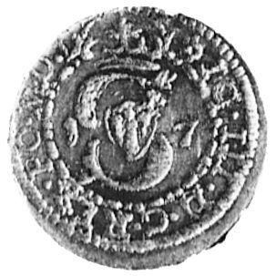 szeląg 1617, Wilno, Aw: Monogram królewski i nap