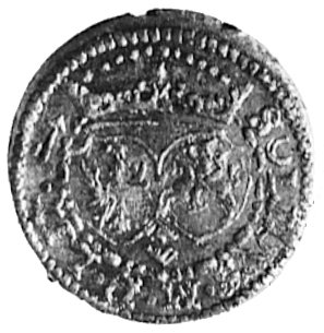 szeląg 1617, Wilno, Aw: Monogram królewski i nap