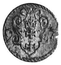 denar 1597, Gdańsk, Aw: Orzeł Ziem Pruskich, Rw: Herb Gdańska, Gum. 1368, Kurp.2207 R2
