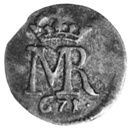 szeląg 1671, Toruń, Aw: Monogram królewski, Rw: 