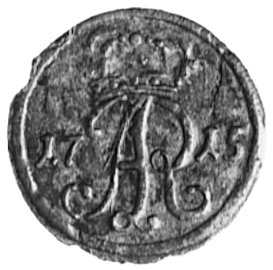 szeląg 1715, Gdańsk, Aw: Monogram królewski, Rw: Napis, Bahrfeldt- Marienburg 8586, Gum.2069, Kop.313.I -rrr-,bardzo rzadka moneta w wyjątkowo pięknym stanie zachowania
