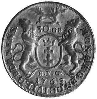 złotówka (30 groszy) 1763, Gdańsk, Aw: Popiersie w koronie i napis, Rw: Herb Gdańska i napis, Gum.2225,Kop.353.I.2a -r-