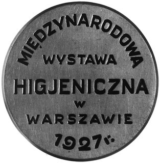 medal nagrodowy z 1927 roku z Międzynarodowej Wystawy Higienicznej w Warszawie, brąz złocony 58.8 mm,109.86 g., bardzo rzadki i nie notowany w literaturze