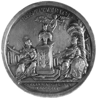 medal sygnowany GRAEF ENSTEIN wybity w 1762 r. dla upamiętnienia przywrócenia porządku w Kurlandii(wprowadzenia władzy Rosji), Aw: Popiersie carycy Katarzyny II i napis, Rw: Po bokach pomnika siedząca carycai personifikacja Kurlandii
