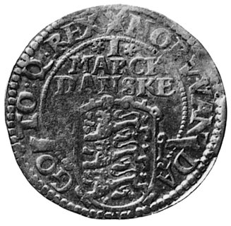 Christian IV 1588-1648, 1 marka 1612, Aw: Półpostać króla, w otoku napis, Rw: Nominał, poniżej tarcza herbowa,w otoku napis, Hede 99A