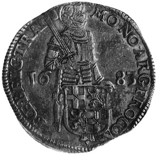 silverdukat 1683, Utrecht, Aw: Rycerz z tarczą herbową, w otoku napis, Rw: Ukoronowana tarcza herbowa, w otokunapis, Delm.981
