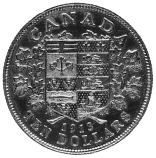 10 dolarów 1913, Ottawa, Aw: Popiersie króla Jerzego V, w otoku napis, Rw: Tarcza herbowa i napisy, Fr.3