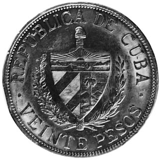 20 pesos 1915, Aw: Głowa Jose Marti, w otoku napisy, Rw: W wieńcu godło Kuby, w otoku napisy, Fr.1. małeuszkodzenia na rancie