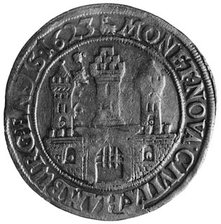 talar 1623, Aw: Mur obronny z trzema wieżami, w otoku napis, Rw: Orzeł cesarski, w otoku napis, Dav.5365