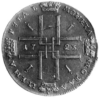 rubel 1723, Aw: Popiersie w prawo, w otoku napis, Rw: Poczwórny monogram w kształcie krzyża, w polu data,w otoku napis, Uzdenikow 585