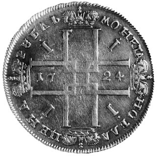 rubel 1724, Aw: Popiersie w prawo, w otoku napis, Rw: Poczwórny monogram w kształcie krzyża, w polu data,w otoku napis, Uzdenikow 593