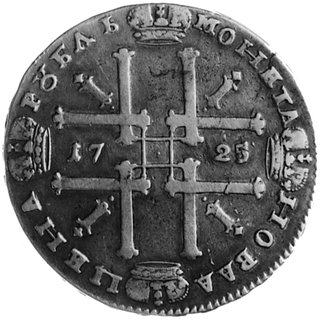 rubel 1725, Aw: Popiersie w prawo, w otoku napis, Rw: Poczwórny monogram w kształcie krzyża, w polu data,w otoku napis, Uzdenikow 600