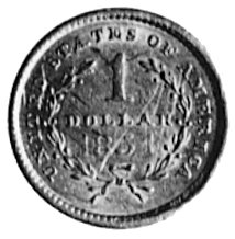 1 dolar 1851, Filadelfia, Aw: Głowa kobiety w lewo, w otoku gwiazdki, Rw: W wieńcu nominał i data, w otoku napis