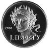 5 dolarów 1988, Filadelfia, Aw: Głowa Wolności w wieńcu laurowym, Rw: Znicz olimpijski i napisy