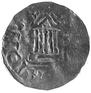 cesarz Konrad II 1024-1039, abp. Piligrim 1021-1036, denar, Aw: Krzyż, w polu napis: CHID..w otoku CHVN.., Rw:Fronton kościoła i napis: SANCTA.., Häv.222, 1.25 g.