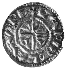 Święty Ładysław 1077-1096, denar, Aw: Krzyż, w polu trójkąty, napis w otoku: + LADISLAVS REX, Rw: Krzyżi nieczytelny napis, Huszar 23
