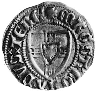 Konrad III von Jungingen 1393-1407, szeląg, Aw: Tarcza Wielkiego Mistrza i napis, Rw: Tarcza krzyżacka i napis,Vossberg -