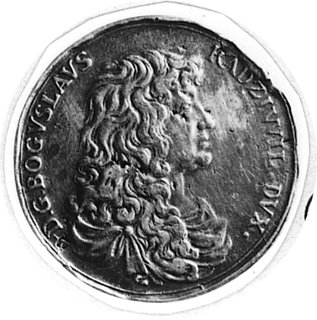 medal lany i cyzelowany wykonany w 1669 r. z okazji śmierci księcia Bogusława Radziwiłła, Aw: Popiersie księciai napis, Rw: Napis w pięciu rzędach, H-Cz.4014 R2, Racz.179, srebro 28 mm, 9.15 g