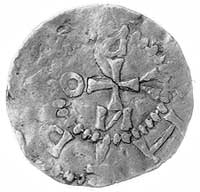 Deventer- Henryk II 1002-1014, denar, Aw: Głowa z długi włosami w lewo i napis:.H..E..C.., Rw: Krz..