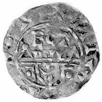 Utrecht- biskup Bernold 1027-1054, denar, Aw: Biskup z pastorałem na wprost i napis: .IXO.., Rw: M..