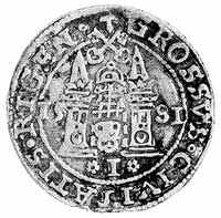 grosz 1581, Ryga, Aw: Popiersie w koronie i napi
