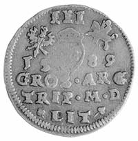trojak 1589, Wilno, j.w., Kop. I 1b-RR-, T. 20, bardzo rzadka moneta odmiana z h. Leliwa.