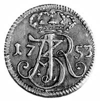 szeląg 1753, Gdańsk, Aw: Monogram, Rw: Herb Gdańska, H-Cz. 2850 R2, rzadki szeląg w czystym srebrz..