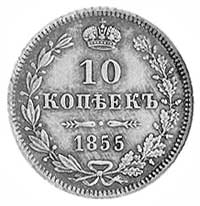 10 kopiejek 1855, Warszawa, Aw: Orzeł carski, Rw: Nominał w wieńcu, Plage 419, bardzo rzadka monet..