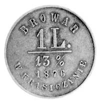 Browar w Krasiczynie, 1 litr piwa, Aw: Napis 1l, 13%, 1876, w otoku BROWAR W KRASICZYNIE, Rw: Herb..