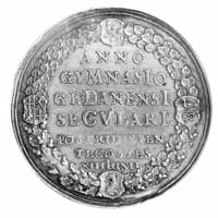 medal na 100-lecie Gimnazjum Gdańskiego 1658 r., Aw: Fontanna podlewająca kwiaty, wyżej otwarta ks..