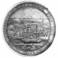 medal nieznanego autora na 100-lecie Pokoju Oliwskiego 1760 r., Aw: Widok Gdańska z morzem w tle i..