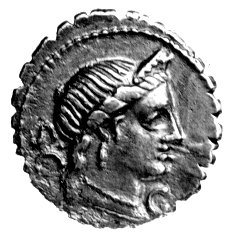 denar- L. Mussidus Longus 42 pne, Aw: Głowa Wenus w prawo