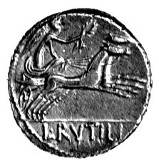denar- L. Rutilius Flaccus 77 pne, Aw: Głowa Romy w skrzydlatym hełmie w prawo i napis z tyłu: FLAC, Rw: Victoria w bidze i napis w odcinku: L. RVTILI, Sear Rutilia 1, Craw.387/1