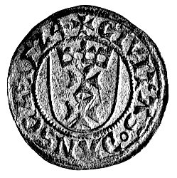 szeląg 1524, Gdańsk, Aw: Tarcza z Orłem, na końcu napisu gwiazdka, Rw: Tarcza z herbem Gdańska, Kurp. -, Gum. 545, T. 5, rzadki.