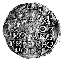 falsyfikat z epoki trojaka z fantazyjną datą 1607, srebro, duża ciekawostka numizmatyczna.