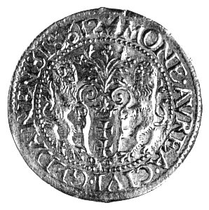 grosz 1581, Ryga, skrócona data po bokach herbu Rygi, Kurp. 429 R1, Gum. 809.