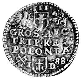 trojak 1588, Poznań, znak mincerza - haki z lewej strony a skrócona data z prawej strony herbu Przegonia, Kurp. 554 R2, Wal. II 1 R2.