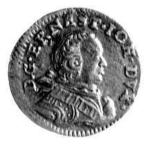 szeląg 1764, Mitawa, literki IFS na rewersie, Kurp. 374 R1, Neumann 332, ładnie zachowana miedziana moneta.