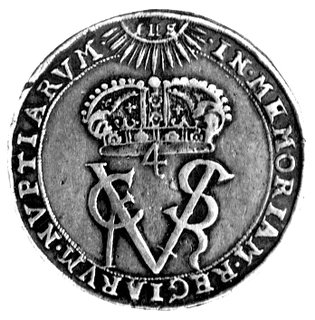 Wladysław IV- medal zaślubinowy 1637 r., Aw: Monogramy Wladysława IV i Cecylii Renaty pod koroną i napis: IN MEMORIAM REGIARVM NVPTIARVM, Rw: W polu Orzeł z herbem Wazów na piersi i herb Habsburgów w tarczy napis AVTOR CONIVGII DEVS