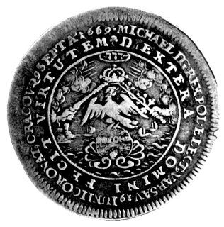 Michał Korybut Wiśniowiecki- medal koronacyjny 1669 r., Aw: Orzeł siedzi na globie pływającym na muszli w morzu