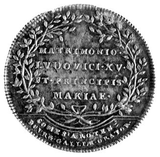 Maria Leszczyńska i Ludwik XV- medal zaślubinowy autorstwa Fryderyka Marla, Berlin 1725 r., Aw: Nad ołtarzem z liliami dwie połączone dłonie pod koroną i napis: FRANCORVM FELICITAS